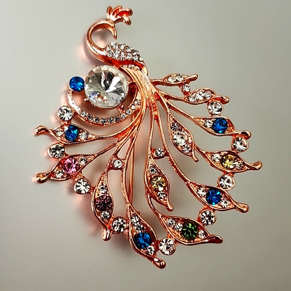 PEACOCK Rose Gold  Brooch Extra Large Colorful Beautiful Simulated Gems